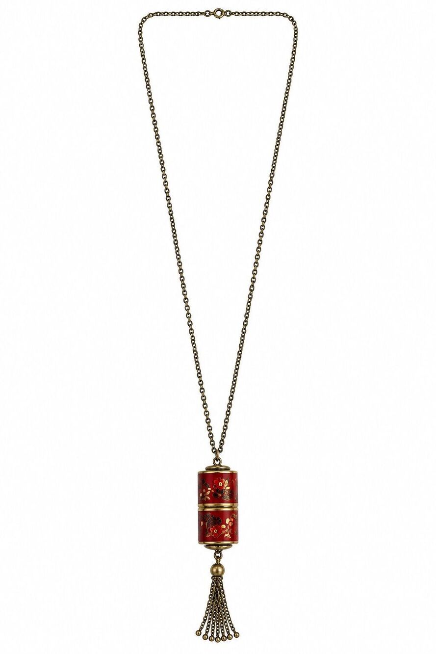 Hutzler Vintage Red Floral Enamel Hidden Pendant Watch Necklace Tassel